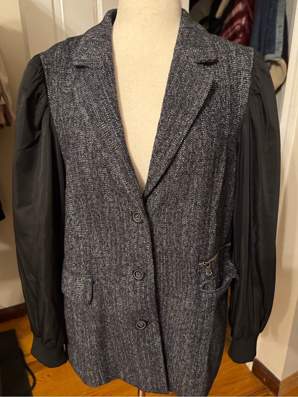 Maeve Black and Gray Tweed Blazer with Black Satin Sleeves